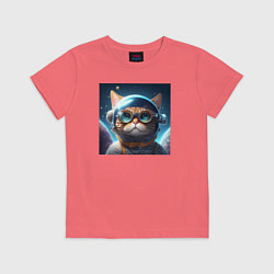 Футболка хлопковая детская Котик космонавт в очках в космосе, цвет: коралловый