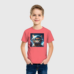 Футболка хлопковая детская Котик космонавт в очках в космосе, цвет: коралловый — фото 2