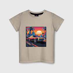 Футболка хлопковая детская Ретро машина и футуристический город на закате, цвет: миндальный