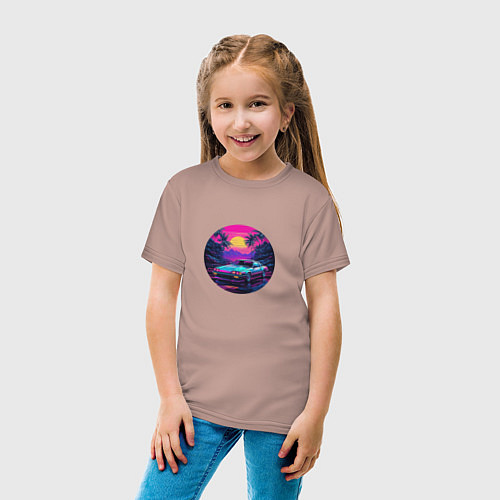Детская футболка Ретро машина и пальмы в неоновых цветах / Пыльно-розовый – фото 4