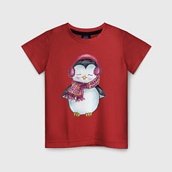 Футболка хлопковая детская Милый пингвин в наушниках, цвет: красный