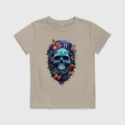 Футболка хлопковая детская Череп девушки в цветах с бабочками, цвет: миндальный