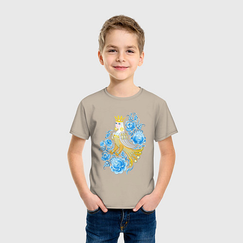 Детская футболка Птица Сирин в цветах по мотивам гжельской росписи / Миндальный – фото 3