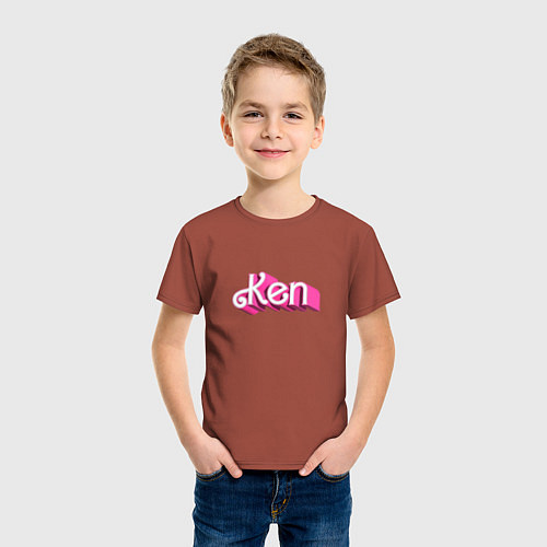 Детская футболка Кен - объемными розовыми буквами / Кирпичный – фото 3