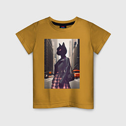 Футболка хлопковая детская Cat fashionista - New York - ai art, цвет: горчичный