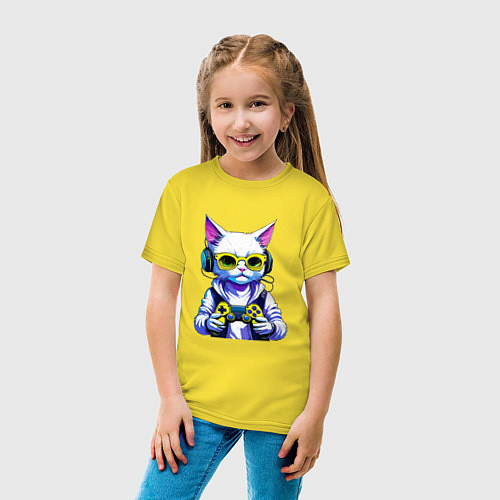 Детская футболка Белый кот геймер / Желтый – фото 4