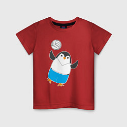 Футболка хлопковая детская Пингвин волейболист, цвет: красный
