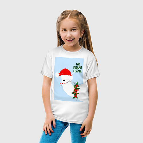 Детская футболка Лама Санта Клаус no drama llama / Белый – фото 4