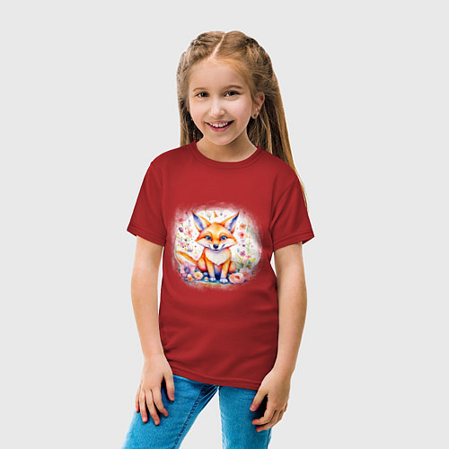 Детская футболка Милый большеухий лисенок сидит в цветах / Красный – фото 4