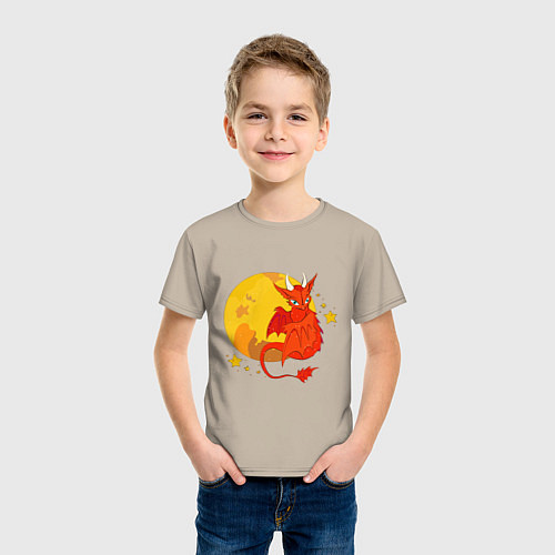 Детская футболка Красный дракон на фоне луны / Миндальный – фото 3