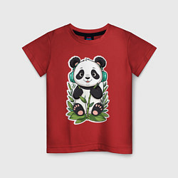Футболка хлопковая детская Медвежонок панды в наушниках, цвет: красный