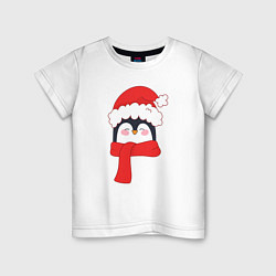 Футболка хлопковая детская Новогодний пингвин в шапке Деда Мороза, цвет: белый