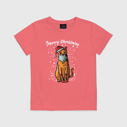 Футболка хлопковая детская Рождественский котик, цвет: коралловый