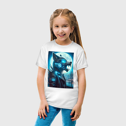 Детская футболка Кибер волк на фоне луны - нейросеть / Белый – фото 4