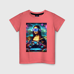 Футболка хлопковая детская Mona Lisa is an avid gamer - cyberpunk, цвет: коралловый