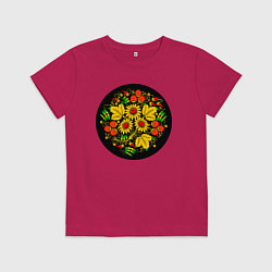 Детская футболка Хохломская роспись цветы и ягоды в чёрном круге