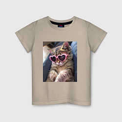 Футболка хлопковая детская Милый мем-кот в очках в стиле аниме, цвет: миндальный
