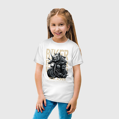 Детская футболка Носорог байкер на мотоцикле / Белый – фото 4