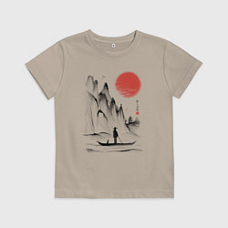 Детская футболка Традиционный японский пейзаж с рыбаком и горами
