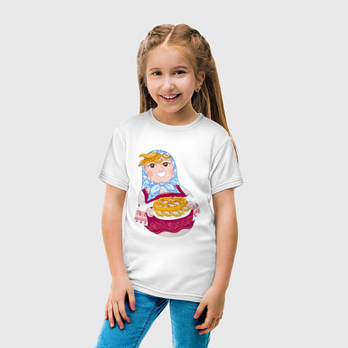 Детская футболка Матрешка хозяйка в русском стиле с пирогом / Белый – фото 4
