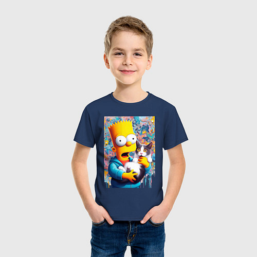 Детская футболка Bart Simpson with a kitten - ai art / Тёмно-синий – фото 3