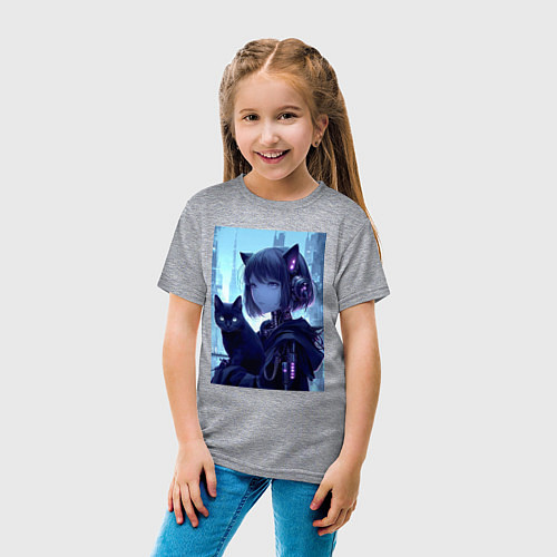 Детская футболка Девчонка кошка с котёнком - нейросеть / Меланж – фото 4