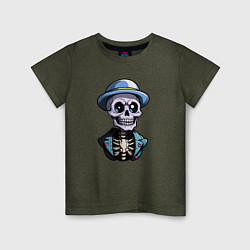 Футболка хлопковая детская Скелет в синей шляпе, цвет: меланж-хаки