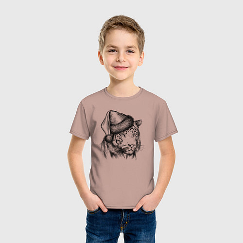 Детская футболка Тигр новогодний в шапке / Пыльно-розовый – фото 3