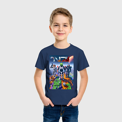 Детская футболка Mass effect and Minecraft - ai art collaboration / Тёмно-синий – фото 3