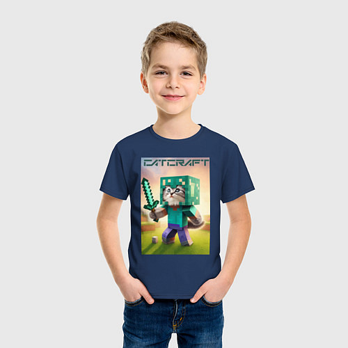 Детская футболка Котёнок Майнкрафт - коллаба нейросеть / Тёмно-синий – фото 3