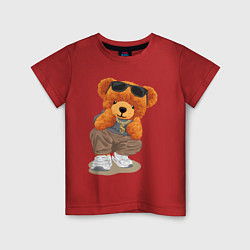 Футболка хлопковая детская Плюшевый медведь в очках, цвет: красный