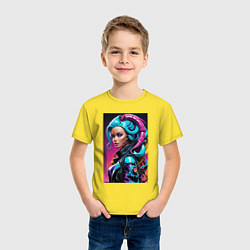 Футболка хлопковая детская Фантастическая кибер девчонка - нейросеть, цвет: желтый — фото 2