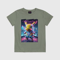 Футболка хлопковая детская Cyber Pikachu - neon glow ai art fantasy, цвет: авокадо