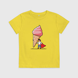 Футболка хлопковая детская Забавный супермен держит огромный рожок мороженого, цвет: желтый