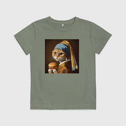 Футболка хлопковая детская Забавная кошка с бургером в лапах в стиле картины, цвет: авокадо