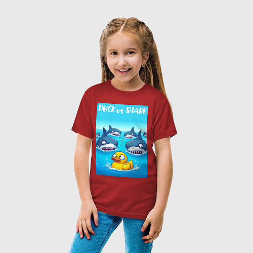 Детская футболка Duck vs shark - ai art fantasy / Красный – фото 4