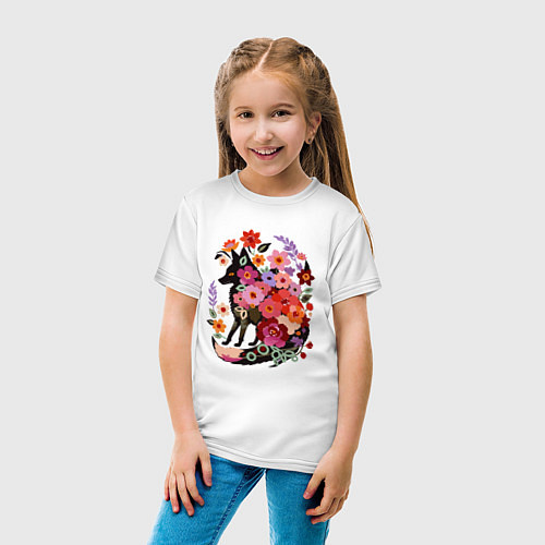 Детская футболка Лиса цветочный силуэт / Белый – фото 4
