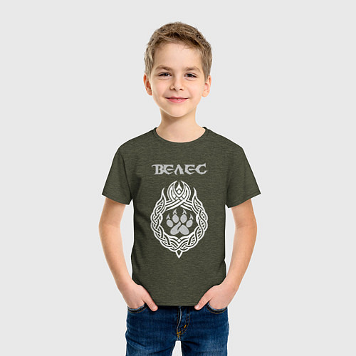 Детская футболка Знак Велеса - лапа медведя / Меланж-хаки – фото 3