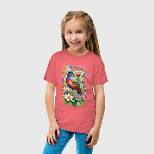 Детская футболка Расписной овсянковый кардинал / Коралловый – фото 4