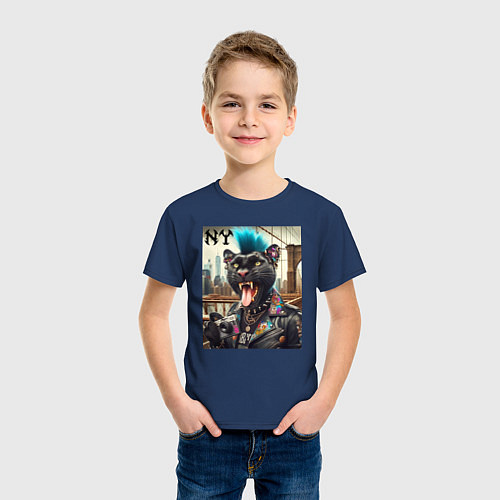 Детская футболка Чувак пантера панк с фотоаппаратом - нейросеть / Тёмно-синий – фото 3