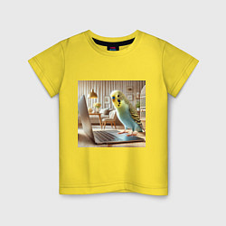 Футболка хлопковая детская Волнистый попугай с ноутбуком, цвет: желтый
