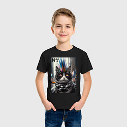 Футболка хлопковая детская Кот панк с разноцветным хаером - Нью-Йорк, цвет: черный — фото 2