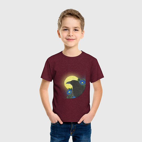 Детская футболка Чёрный ворон на ветке под луной / Меланж-бордовый – фото 3