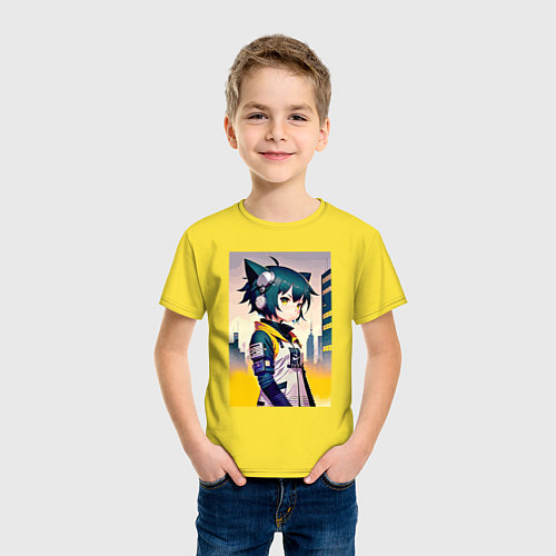 Детская футболка Kitten girl - cyberpunk / Желтый – фото 3
