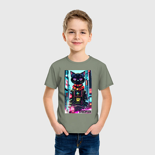 Детская футболка Котёнок в мегаполисе - киберпанк / Авокадо – фото 3