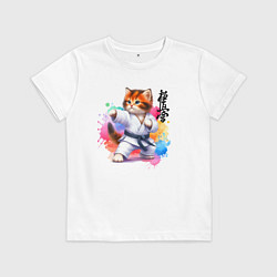 Футболка хлопковая детская Кёкусинкай карате - крутой котёнок, цвет: белый