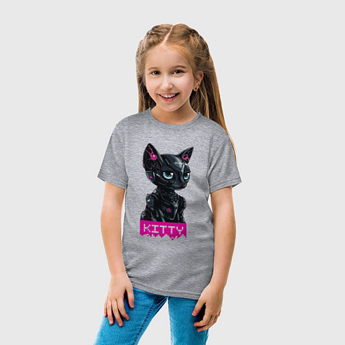 Детская футболка Киберкошка чёрная - cyber kitty black / Меланж – фото 4