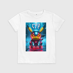 Футболка хлопковая детская Прикольный кибер Пикачу в шлеме - нейроарт, цвет: белый