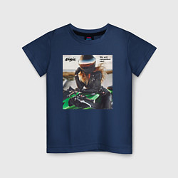 Футболка хлопковая детская Девушка на мотоцикле Kawasaki ninja- память, цвет: тёмно-синий