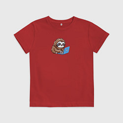 Детская футболка Ленивец работает за ноутбуком